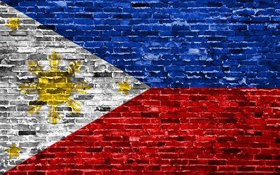 4k, フィリピンのフラグ, レンガの質感, アジア, 国立記号, フラグのフィリピン, brickwall, フィリピンの3Dフラグ, アジア諸国, フィリピン