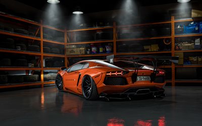 4k, Lamborghini Aventador, vista posterior, supercarros, 2018 carros, tuning, laranja Aventador, carros italianos, Lamborghini