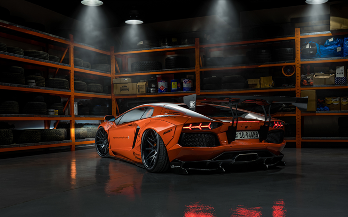 4k Lamborghini, Aventador, vista posterior, super coche, 2018, los coches, tuning, naranja, italiano coches, Lamborghini