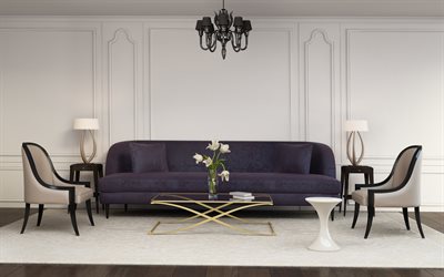 living room, stylish interior, modern interior design, black stylish chandelier, purple sofa, living room project