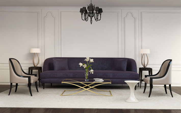 soggiorno, eleganti interni, interni moderni, design, nero elegante lampadario, viola, divano, salotto progetto
