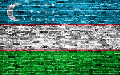 4k, Uzbek flag, bricks texture, Asia, national symbols, Flag of Uzbekistan, brickwall, Uzbekistan 3D flag, Asian countries, Uzbekistan