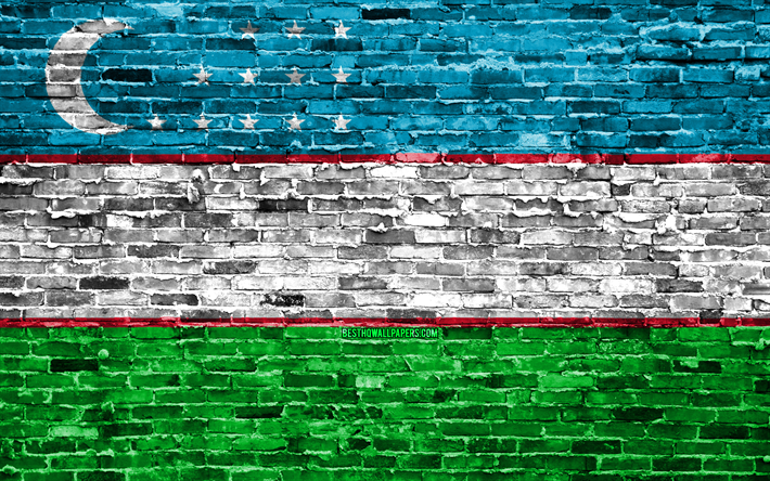 4k, Uzbekistanin lippu, tiilet rakenne, Aasiassa, kansalliset symbolit, Lippu honduras, brickwall, Uzbekistan 3D flag, Aasian maissa, Uzbekistan