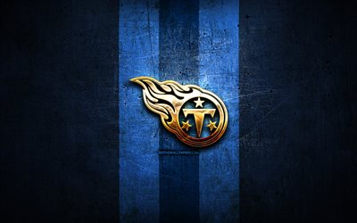 Tennessee Titans, logo dorato, NFL, blu, metallo, sfondo, americano, football club, logo, football americano, USA