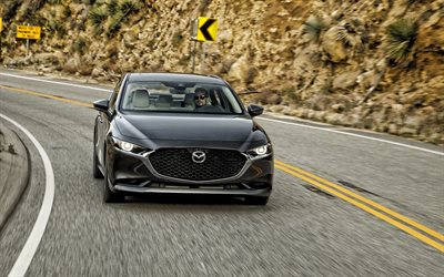 mazda 3, 2019, vorderansicht, schwarze limousine, neuen schwarzen mazda 3, japanische autos, mazda