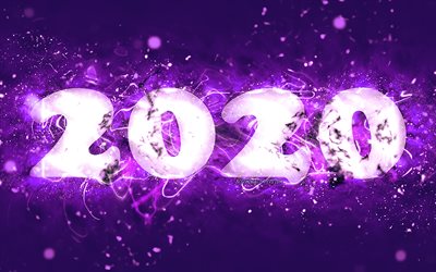 Happy New Year 2020, 4k, violet neon lights, abstract art, 2020 concepts, 2020 violet neon digits, violet backgrounds, 2020 neon art, creative, 2020 year digits