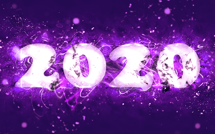 Hyv&#228;&#228; Uutta Vuotta 2020, 4k, violetti neon valot, abstrakti taide, 2020 k&#228;sitteit&#228;, 2020 violetti neon numeroa, violetti taustat, 2020 neon art, luova, 2020 vuosi numeroa