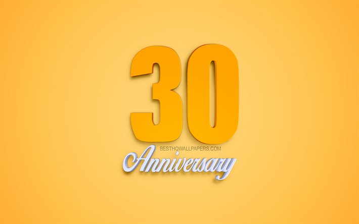 30th Anniversary sign, 3d anniversary symbols, orange 3d digits, 30th Anniversary, yellow background, 3d creative art, 30 Years Anniversary