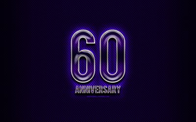 60 aniversario, muestras de cristal, azul grunge de fondo, de 60 A&#241;os de Aniversario, aniversario de conceptos, creatividad, Cristal 60 aniversario signo