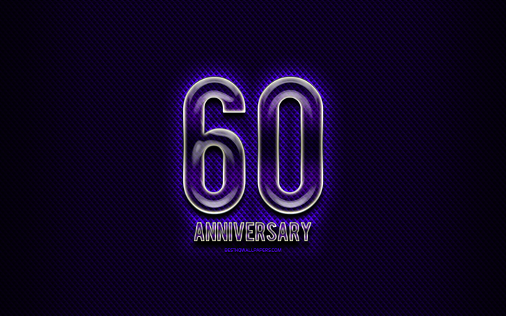 60th anniversary, glass signs, blue grunge background, 60 Years Anniversary, anniversary concepts, creative, Glass 60 anniversary sign