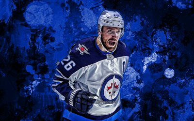 Blake Wheeler, blue paint splashes, Winnipeg Jets, NHL, hockey stars, Blake James Wheeler, hockey, grunge art, hockey players