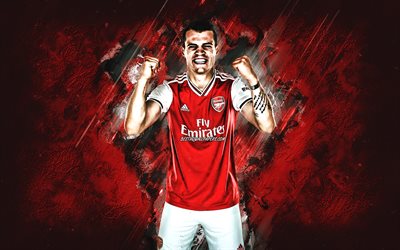 Granit Xhaka, Arsenal FC, Sveitsin jalkapalloilija, keskikentt&#228;pelaaja, muotokuva, punainen kivi tausta, jalkapallo, Premier League, Englanti