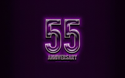 55e anniversaire, panneaux en verre, violet grunge fond, 55 Ans, Anniversaire, anniversaire, concepts, cr&#233;ativit&#233;, en Verre 55 signe d&#39;anniversaire