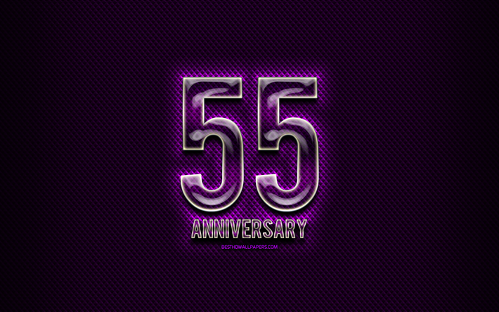 55e anniversaire, panneaux en verre, violet grunge fond, 55 Ans, Anniversaire, anniversaire, concepts, cr&#233;ativit&#233;, en Verre 55 signe d&#39;anniversaire