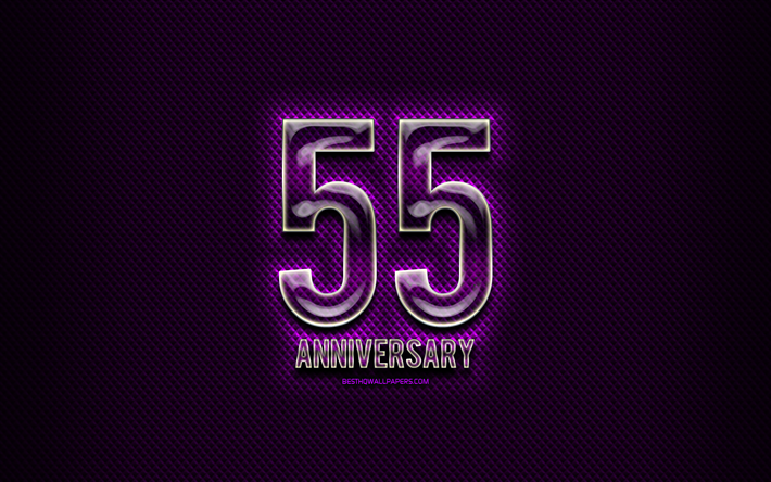 55o anivers&#225;rio, vidro de sinais, violeta grunge de fundo, 55 Anos De Anivers&#225;rio, anivers&#225;rio conceitos, criativo, Vidro 55 sinal de anivers&#225;rio