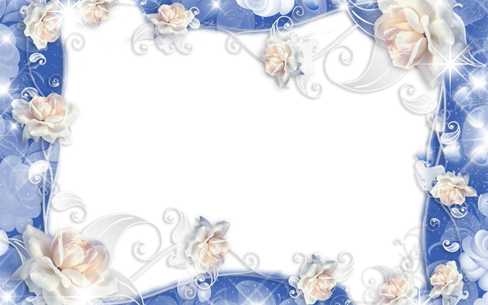 las rosas blancas marco, 4k, un concepto floral, floral, marcos, fondos blancos, flores blancas, azul floral marco