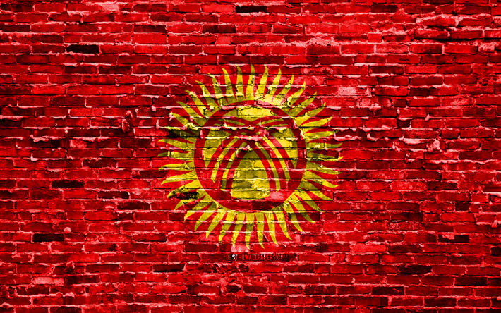 4k, キルギスの旗, レンガの質感, アジア, 国立記号, フラグのキルギス, brickwall, キルギスの旗3D, アジア諸国, キルギス