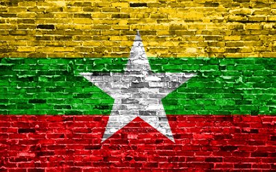 4k, Myanmar flag, bricks texture, Asia, national symbols, Flag of Myanmar, brickwall, Myanmar 3D flag, Asian countries, Myanmar