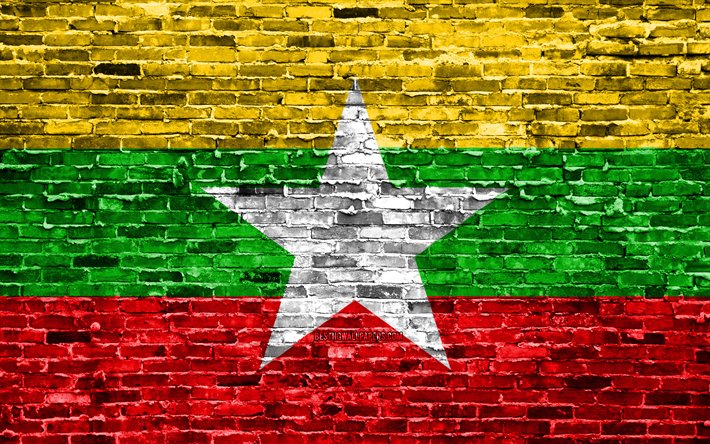 4k, le Myanmar, le drapeau, les briques de la texture, de l&#39;Asie, symbole national, le Drapeau du Myanmar, brickwall, Myanmar 3D drapeau, les pays d&#39;Asie