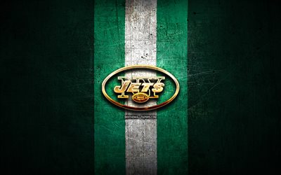 New York Jets, golden logotyp, NFL, gr&#246;n metall bakgrund, amerikansk football club, New York Jets logotyp, amerikansk fotboll, USA, NY Jets