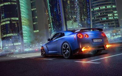 4k, la Nissan GT-R, parking, R35, supercars, en 2019, voitures, bleu, GT-R, tuning, voitures japonaises, Nissan