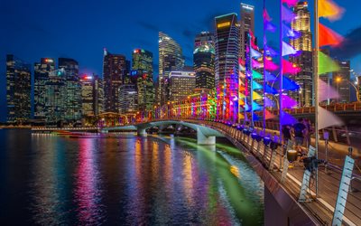 Marina Bay, Singapur, Jubileo, Puente, noche, rascacielos, edificios modernos, horizonte, paisaje urbano