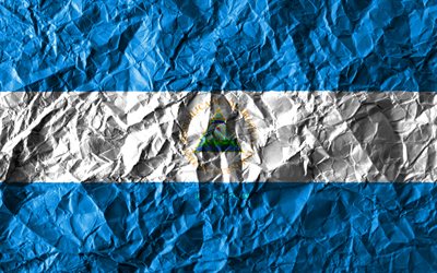 Nicaraguan flag, 4k, crumpled paper, North American countries, creative, Flag of Nicaragua, national symbols, North America, Nicaragua 3D flag, Nicaragua