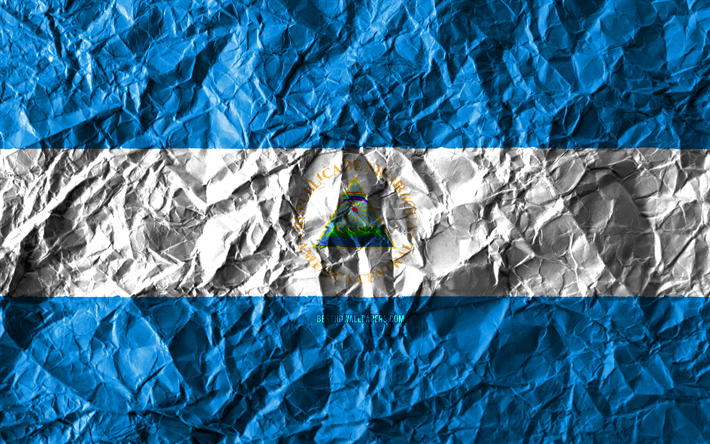 Nicaraguas flagga, 4k, skrynkliga papper, Nordamerikanska l&#228;nder, kreativa, Flaggan i Nicaragua, nationella symboler, Nordamerika, Nicaragua 3D-flagga, Nicaragua