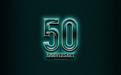 50e anniversaire, panneaux en verre, bleu grunge fond, 50 Ans Anniversaire, anniversaire, concepts, cr&#233;ativit&#233;, en Verre de 50 signe d&#39;anniversaire