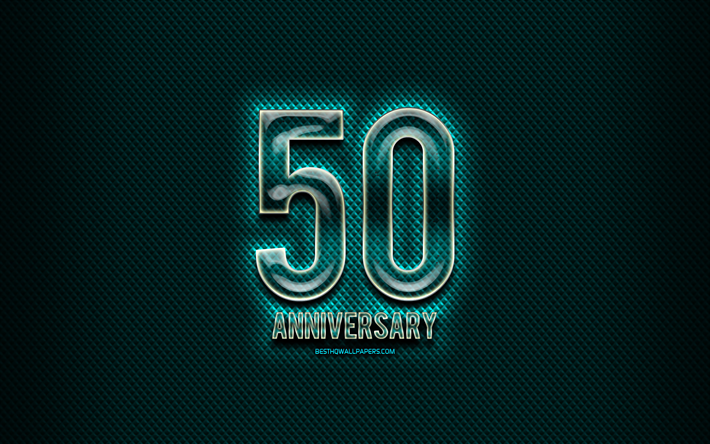 創立50周年記念, ガラス看板, 青グランジの背景, 50周年記念, 周年記念の概念, 創造, ガラス50周年記念サイン