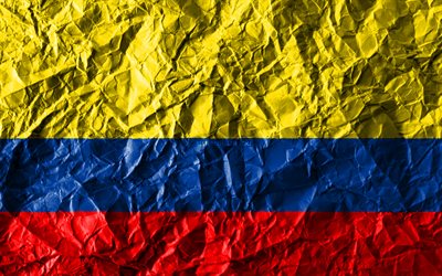 Colombiano bandiera, 4k, carta stropicciata, paesi del Sud america, creativo, Bandiera della Colombia, simboli nazionali, Sud America, Colombia 3D bandiera, Colombia
