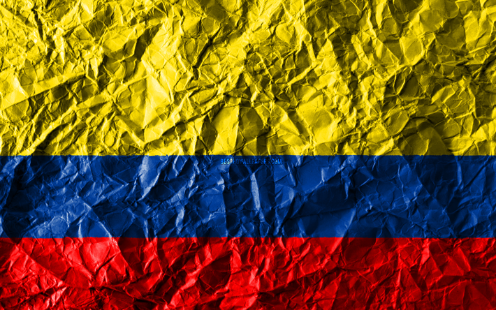 Colombiano bandiera, 4k, carta stropicciata, paesi del Sud america, creativo, Bandiera della Colombia, simboli nazionali, Sud America, Colombia 3D bandiera, Colombia