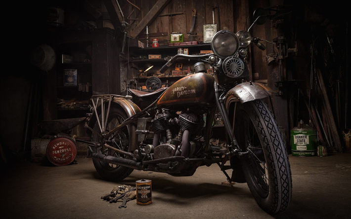 A Harley-Davidson, velho e enferrujado da motocicleta, retro motocicletas, garagem, americana de motocicletas