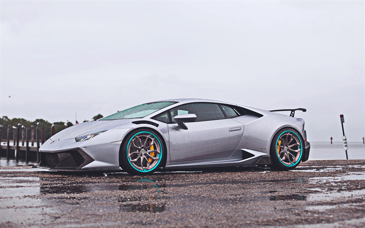 Lamborghini Huracan, tuning, pista de carreras, 2019 coches, la lluvia, hypercars, gris Huracan, supercars, italiano coches, Lamborghini