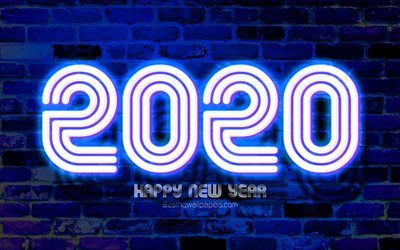2020 dark blau neon ziffern, 4k, gl&#252;ckliches neues jahr 2020, dunkelblau brickwall, 2020 neon art, 2020 konzepte, dark blau neon ziffern, bis 2020 auf dunkel blauem hintergrund, 2020 jahr ziffern