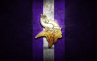 Minnesota Vikings, golden logo, NFL, violet metal background, american football club, Minnesota Vikings logo, american football, USA