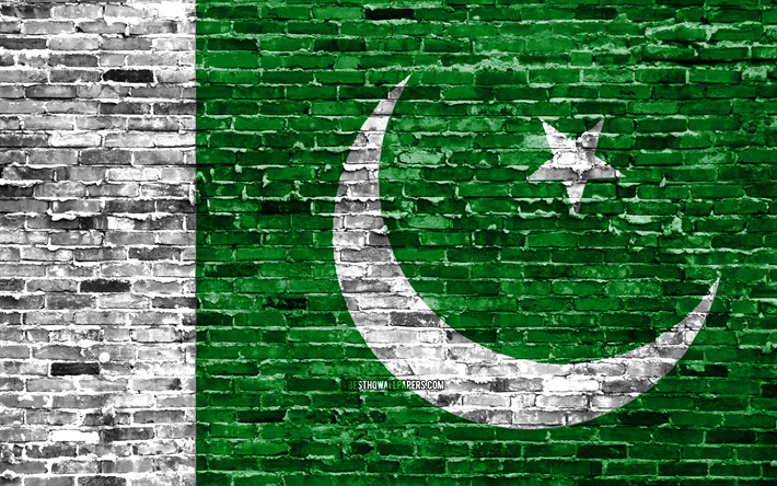 4k, Pakistan bayrağı, tuğla doku, Pakistan, Asya, ulusal semboller, Bayrak, brickwall, 3D bayrak, Asya &#252;lkeleri