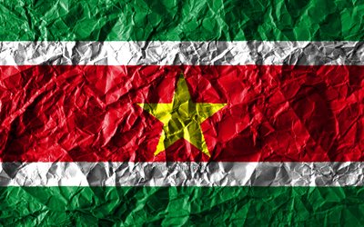 Surinamese bandiera, 4k, carta stropicciata, paesi del Sud america, creativo, Bandiera del Suriname, simboli nazionali, Sud America, Suriname 3D bandiera, Suriname
