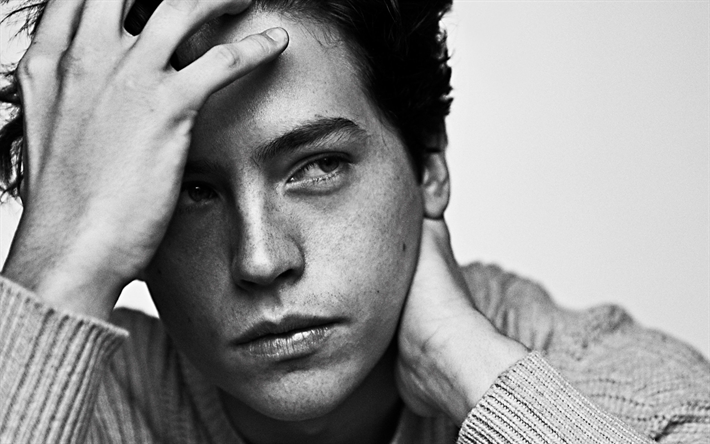 Cole Sprouse, portrait, monochrome, photoshoot, american actor, american stars