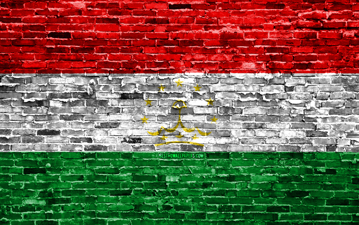 4k, Tadzikistanin lippu, tiilet rakenne, Aasiassa, kansalliset symbolit, Lippu Tadžikistanin, brickwall, Tadžikistanin 3D flag, Aasian maissa, Tadžikistan