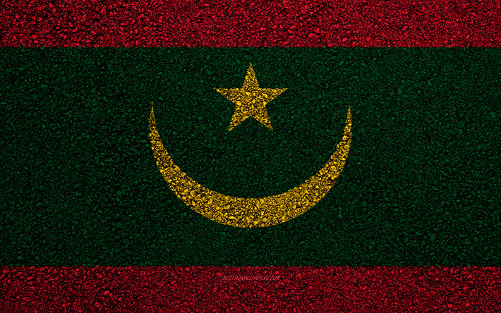 Afrika &#252;lkeleri Moritanya bayrağı, asfalt doku, asfalt bayrağı, Moritanya bayrağı, Afrika, Moritanya, bayraklar