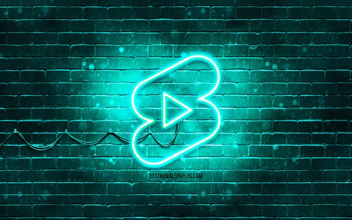 Logo turquoise short Youtube, 4k, mur de briques turquoise, logo short Youtube, r&#233;seaux sociaux, logo n&#233;on short Youtube, short Youtube