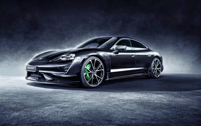 2021, Porsche Taycan, TechArt aerokit, 4k, front view, exterior, black Taycan, TechArt tuning, green calipers, German sports cars, Porsche