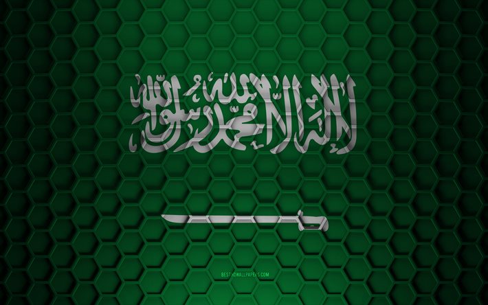 Saudi Arabia flag, 3d hexagons texture, Saudi Arabia, 3d texture, Saudi Arabia 3d flag, metal texture, flag of Saudi Arabia