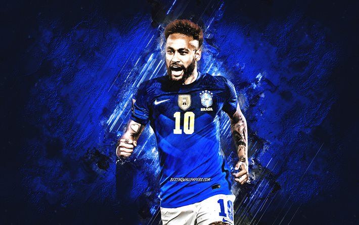 Neymar, Brazil national football team, grunge art, blue stone background, Brazil, football, Neymar art