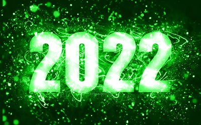 4k, 明けましておめでとうございます, 緑のネオンライト, 2022年のコンセプト, 2022年新年, 緑の背景に2022, 2022年の数字, 2022年の緑色の数字