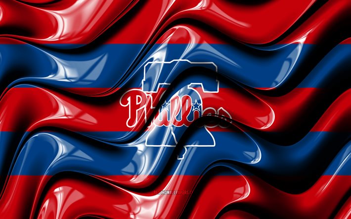 Philadelphia Phillies flagga, 4k, r&#246;da och bl&#229; 3D -v&#229;gor, MLB, amerikansk basebollag, Philadelphia Phillies logotyp, baseball, Philadelphia Phillies