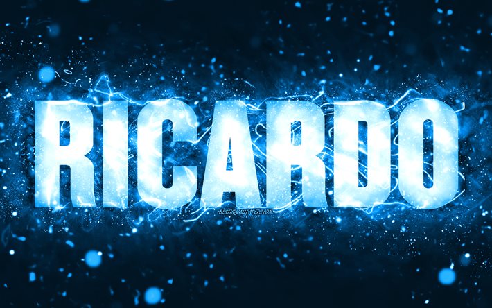 Buon compleanno Ricardo, 4k, luci al neon blu, nome Ricardo, creativo, Ricardo Happy Birthday, Ricardo Birthday, nomi maschili americani popolari, foto con nome Ricardo, Ricardo
