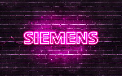 Siemens mor logosu, 4k, mor tuğla duvar, Siemens logosu, markalar, Siemens neon logosu, Siemens