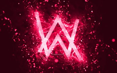Logo rosa Alan Walker, 4k, DJ norvegesi, luci al neon rosa, creativo, sfondo astratto rosa, Alan Olav Walker, logo Alan Walker, star della musica, Alan Walker
